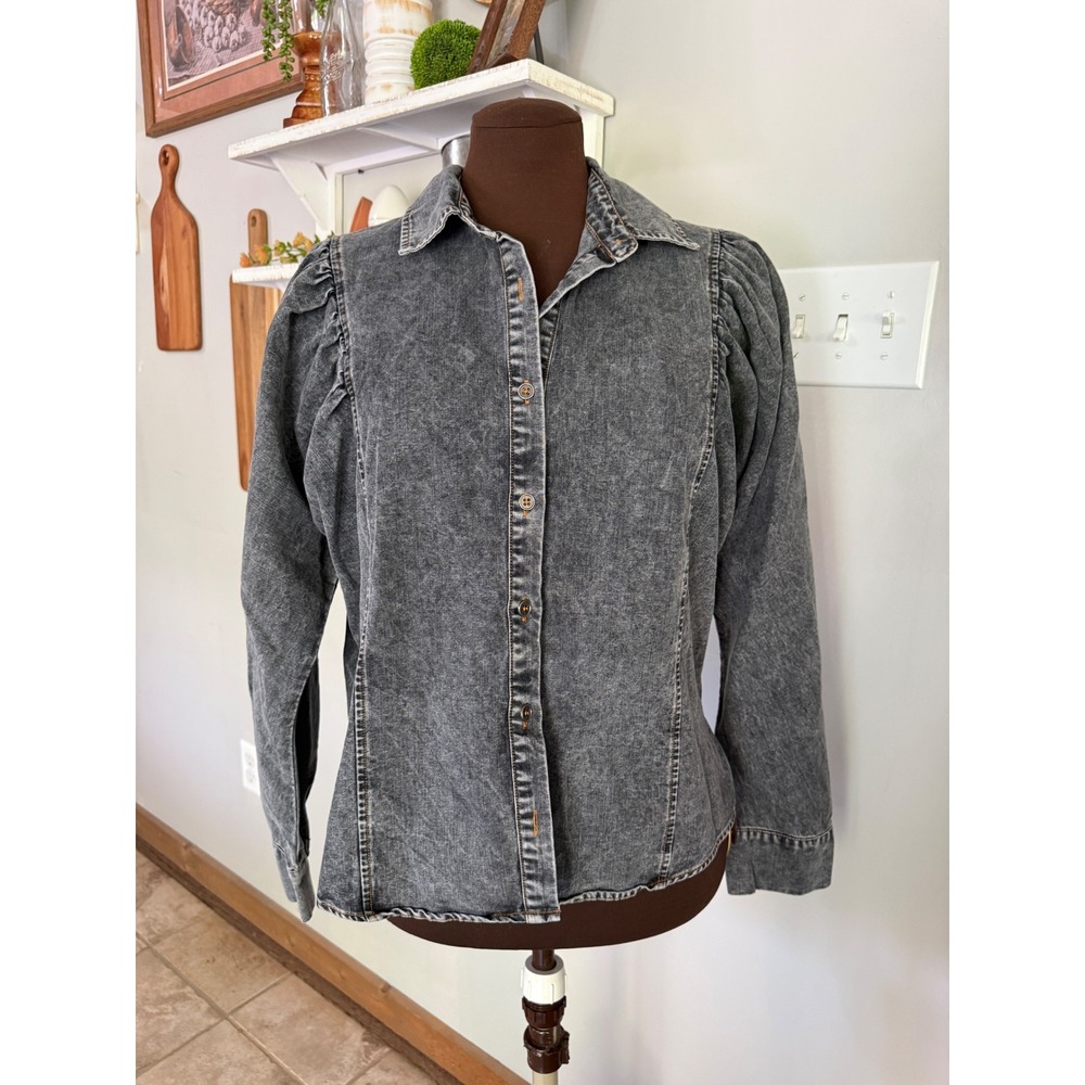 Promesa Womens Acid‎ Wash Denim Button Down Shirt Puff Shoulder Gray Small